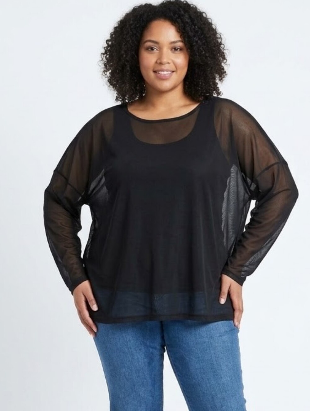 NWT Shannon Passero Black Sheer Mesh Boxy Top Long Sleeve Oversized 1X Plus Laye